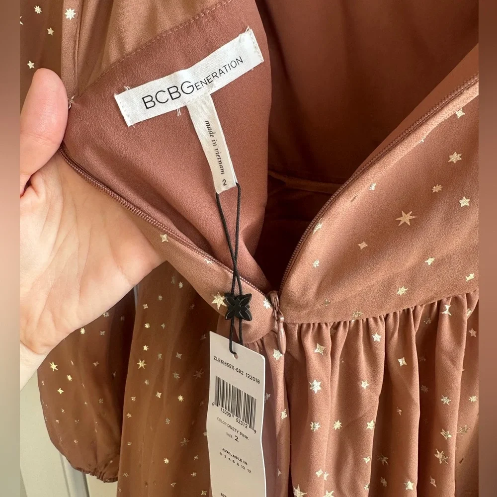 BCBGeneration Flowy Pink Fit and Flare Dress with Bishop Sleeves - Picture 5 of 7